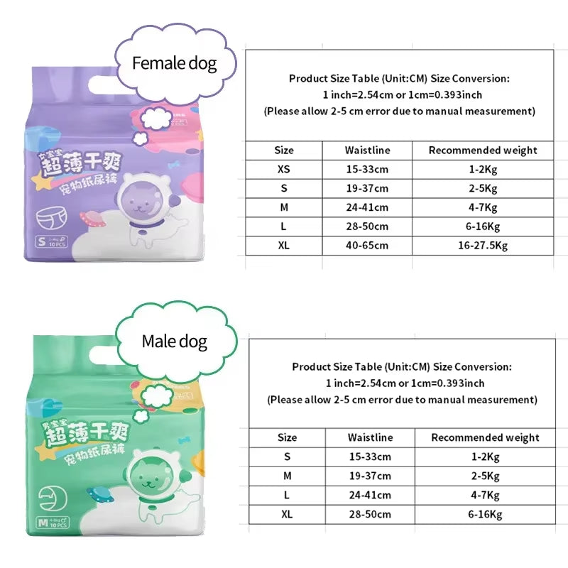 10Pcs Pet Dog Diapers Males Females Absorbent Adjustable Doggy Disposable Underwear Physiological Breathable Pants for Dogs